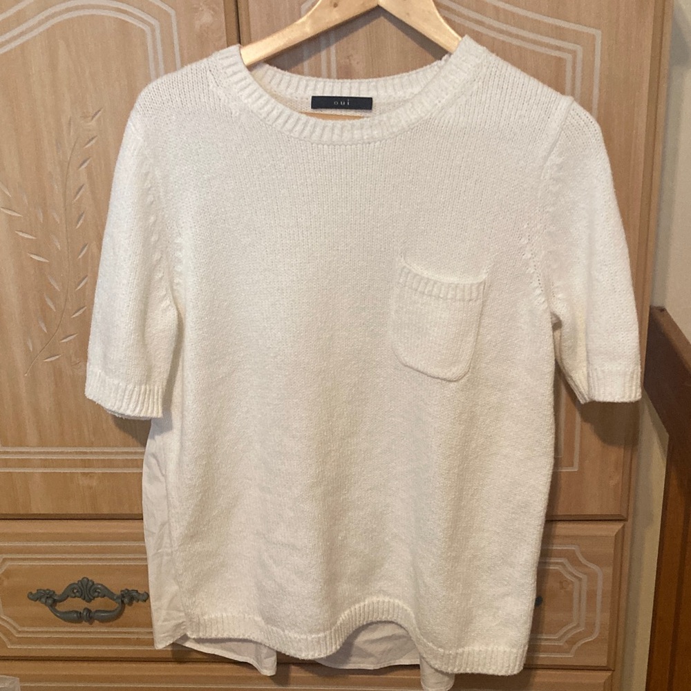 Short-Sleeve Crewneck Knit Sweater in Cream